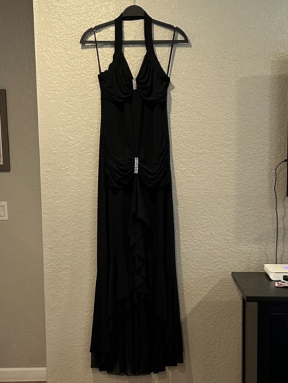 Vintage Elegant Black Halter Party Dress w/Rhinestone Accents/Ruffle-Size Medium